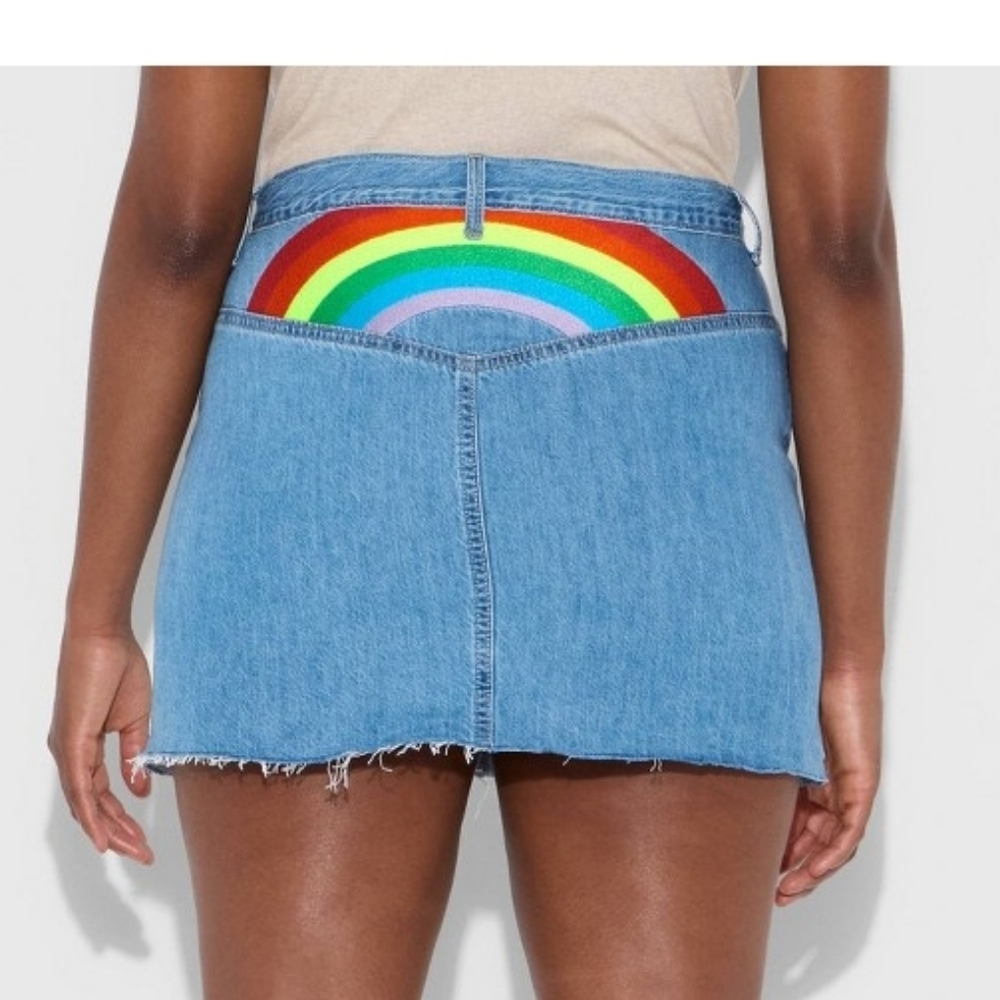 Pride Festival Rainbow Adult Midrise Embroidered Rainbow Light Wash Jean Skirt